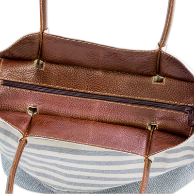 Leather accent cotton tote handbag, 'Bright Sea' - Leather Accent Striped Handwoven Cotton Tote Handbag
