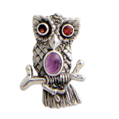 Garnet and amethyst pendant, 'Wise Owl' - Sterling Silver and Amethyst Owl Pendant