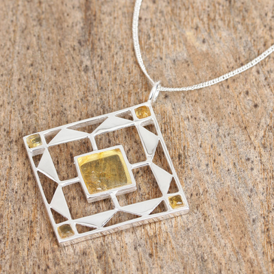 Amber pendant necklace, 'Honeyed Rhombus' - Cultured Mabe Pearl and Sterling Silver Necklace from Mexico