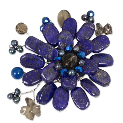Lapis lazuli and smoky quartz brooch pin, 'Phuket Flowers' - Handmade Floral Lapis Lazuli Brooch Pin