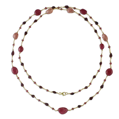 Gold plated multi-gemstone long necklace, 'Chiang Mai Station' - Gold Plated Multi-Gemstone Long Station Necklace