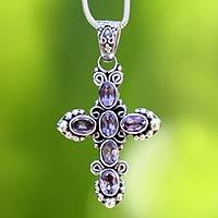 Amethyst cross necklace, 'New Directions' - Amethyst Sterling Silver Cross Necklace