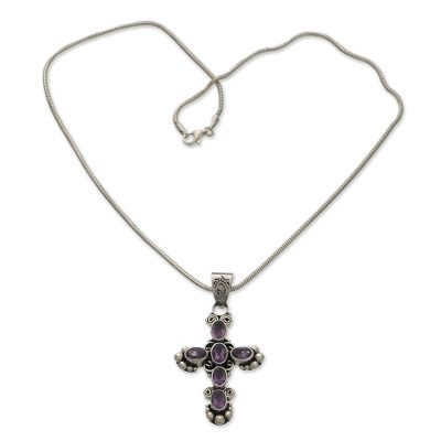 Amethyst cross necklace, 'New Directions' - Amethyst Sterling Silver Cross Necklace