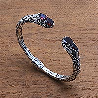 Garnet cuff bracelet, 'Elephant's Treasure' - Garnet and Sterling Silver Elephant Motif Cuff Bracelet
