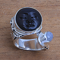 Rainbow moonstone cocktail ring, 'Night Face' - Bali Rainbow Moonstone and Ebony Wood Face Cocktail Ring