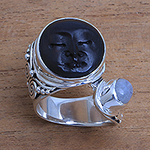 Bali Rainbow Moonstone and Ebony Wood Face Cocktail Ring, 'Night Face'