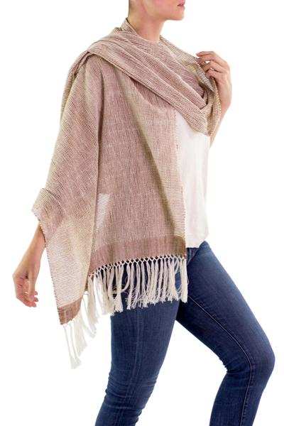 Cotton shawl, 'Natural Combination in Brown' - Pale Beige Cotton Shawl with Fringe from Guatemala