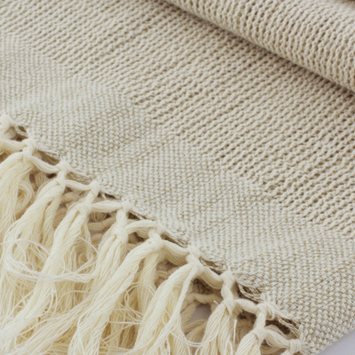 Cotton shawl, 'Natural Combination in Khaki' - Khaki Cotton Shawl with Fringes from Guatemala