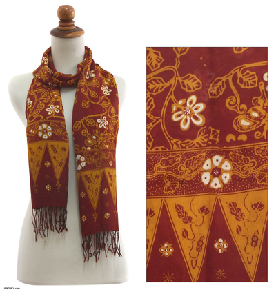 Silk batik scarf, 'Red Butterfly Garden' - Silk batik scarf
