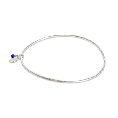 Fine silver bangle bracelet, 'Hammered Ring in Blue' - Fine Silver Bangle Bracelet in Blue from Guatemala