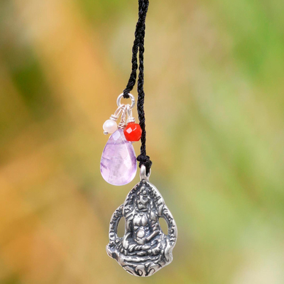 Collar lariat de plata de ley y Múltiples gemas - Collar de nailon hecho a mano con piedras preciosas y dijes de Buda
