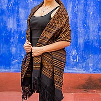 Zapotec cotton rebozo shawl, 'Dry Leaves' - Handwoven Zapotec Cotton Shawl in Black and Orange