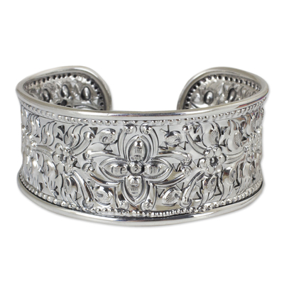 Sterling silver cuff bracelet, 'Princess Garden' - Unique Floral Sterling Silver Cuff Bracelet