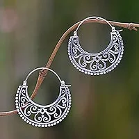 Sterling silver hoop earrings, 'Moonlit Garden' - Balinese Style Sterling Silver Crescent Hoop Earrings