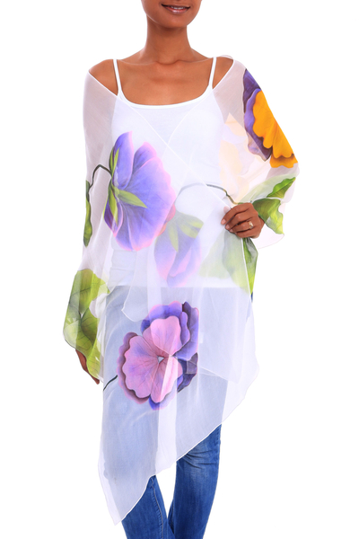 Silk shawl, 'Orchid Sensation' - Hand-Painted Orchid-Themed Silk Shawl from Bali