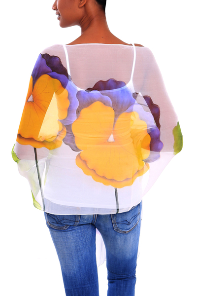 Silk shawl, 'Orchid Sensation' - Hand-Painted Orchid-Themed Silk Shawl from Bali