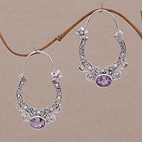 Amethyst hoop earrings, 'Spiral Arches' - Amethyst and Sterling Silver Floral Hoop Earrings from Bali