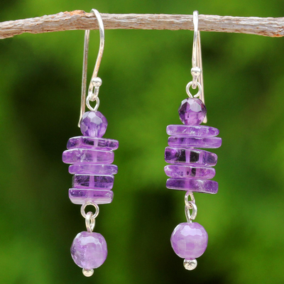Amethyst dangle earrings, 'Purple Monoliths' - Amethyst and Sterling Silver Dangle Earrings from Thailand