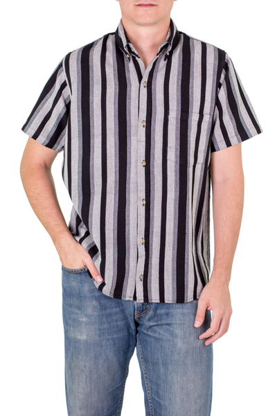 Men's cotton short sleeve shirt, 'City at Night' - Men's Handwoven Black and Grey Cotton Short Sleeve Shirt