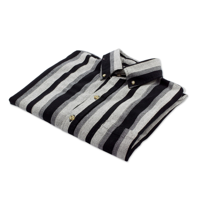 Herren-Kurzarmhemd aus Baumwolle - Handgewebtes Kurzarmhemd aus schwarzer und grauer Baumwolle für Herren