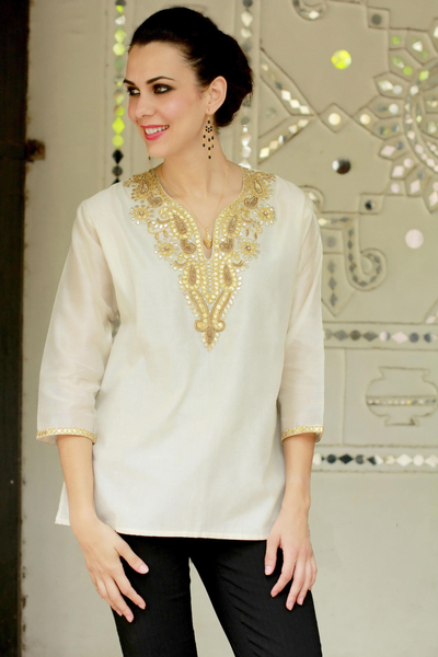 Beaded cotton and silk tunic, 'Morning Princess' - Ivory Beaded Gota Embroidery Cotton Blend Tunic from India