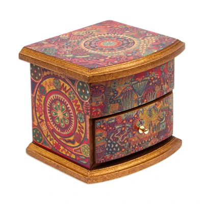 Decoupage jewelry box, 'Huichol Vision' - Decoupage on Pinewood Jewelry Box with Huichol Theme