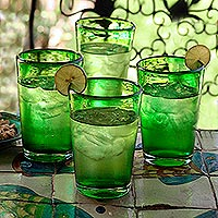 Drinking glasses, 'Lime Twist' (set of 4) - Artisan Crafted Handblown Recycled Water Glasses (Set of 4)