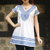 Cotton tunic, 'Blue on White Elegance' - White Cotton Tunic with Indian Embroidery Designs in Blue