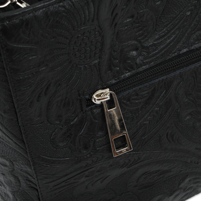 Leather shoulder bag, 'Flower Carrier in Black' - Floral Embossed Leather Shoulder Bag in Black from Mexico