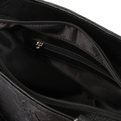 Leather shoulder bag, 'Flower Carrier in Black' - Floral Embossed Leather Shoulder Bag in Black from Mexico