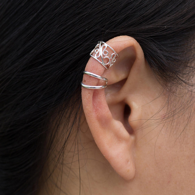 Sterling silver ear cuff earrings, 'Sleek Filigree' (pair) - Sterling silver ear cuff earrings (Pair)