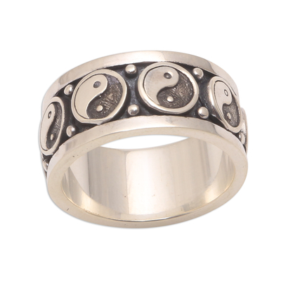 Men's sterling silver band ring, 'Peace Be With You' - Men's Sterling Silver Yin and Yang Band Ring from Bali