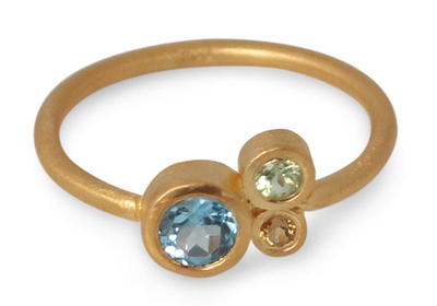 Gold plated blue topaz cocktail ring, 'Chiang Mai Majesty' - Gold Plated Blue Topaz and Peridot Ring