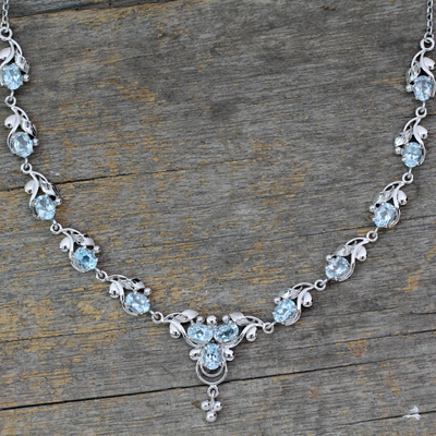 Blue topaz pendant necklace, 'Mumbai Garland' - Sterling Silver Necklace with Blue Topaz Blossoms 20 Carats