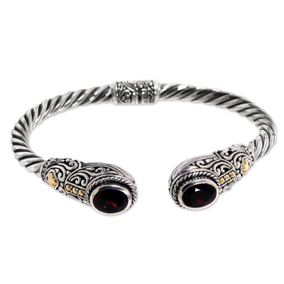 Garnet cuff bracelet, 'Gelgel Empress' - Handmade Balinese Garnet Cuff Bracelet