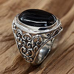 Men's Handmade Sterling Silver and Onyx Ring, 'Song of the Night'