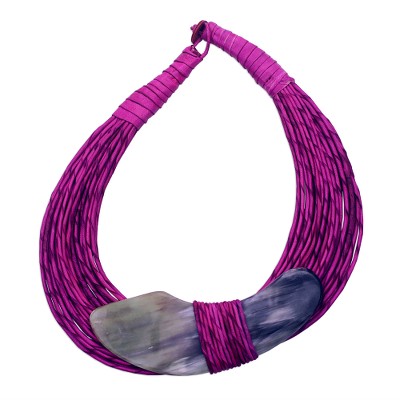 Horn pendant necklace, 'Zacsongo' - Boomerang Horn Pendant Magenta Leather Cord Necklace