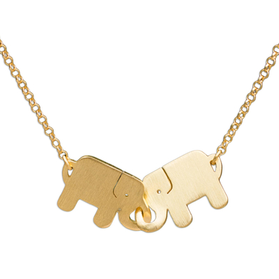 Gold plated pendant necklace, 'Elephant Friendship' - Gold Plated Pendant Necklace