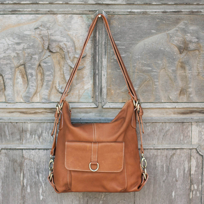 Leather backpack shoulder bag, 'Happy Journey' - Handcrafted Shoulder Bag and Backpack in Honey Brown Leather
