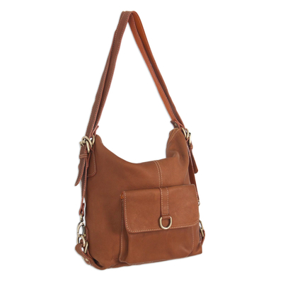 Leather backpack shoulder bag, 'Happy Journey' - Handcrafted Shoulder Bag and Backpack in Honey Brown Leather