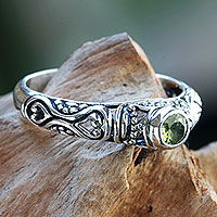 Peridot solitaire ring, 'Hearts Connected' - Peridot Solitaire Artisan Crafted Sterling Silver Ring