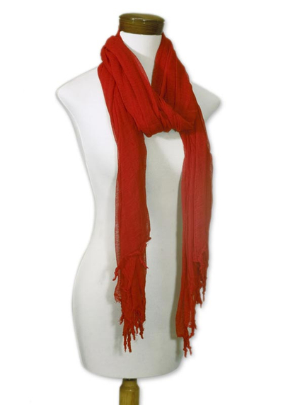 Cotton scarf, 'Fiery Guatemala' - Scarlet Cotton Gauze Scarf