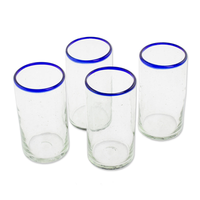 Recycled glass tumblers, 'Clear Seas' (set of 4) - Clear Blue Rim Hand Blown Recycled Glass Tumblers (Set of 4)