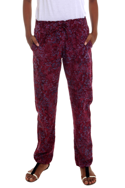 Rayon pants, 'Wine Floral' - Maroon Handmade Rayon Pants with Drawstring Waist