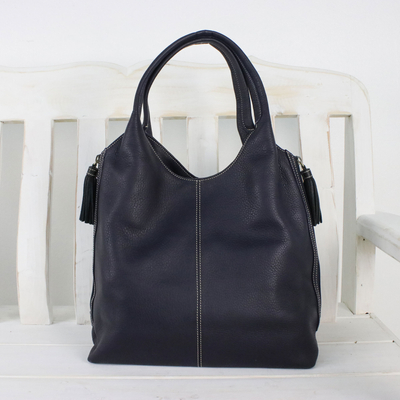 Leather tote, 'Everyday Companion' - Handcrafted Leather Tote in Navy Blue from Thailand