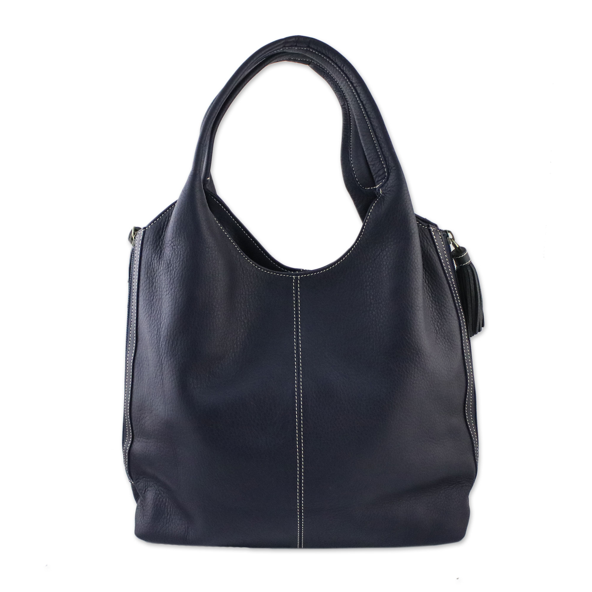 navy and white handbag