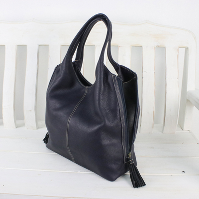 Leather tote, 'Everyday Companion' - Handcrafted Leather Tote in Navy Blue from Thailand