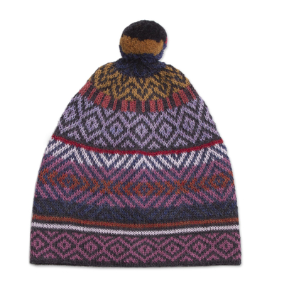 mütze aus 100 % Alpaka - Mehrfarbige Alpaka-Mütze mit Pompon aus Peru