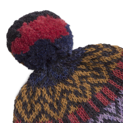 100% alpaca hat, 'Andean Pride' - Multicolored Alpaca Cap with Pompom from Peru