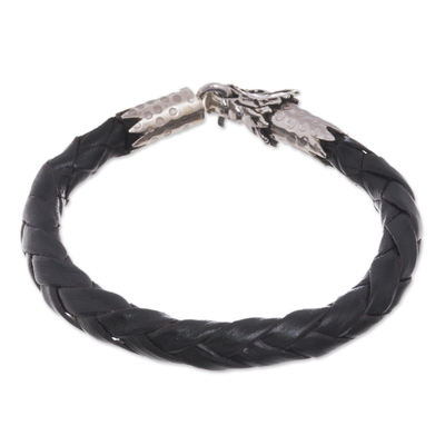 Men's leather braided bracelet, 'Mythical Dragon in Black' - Men's Dragon-Themed Leather Braided Bracelet in Black